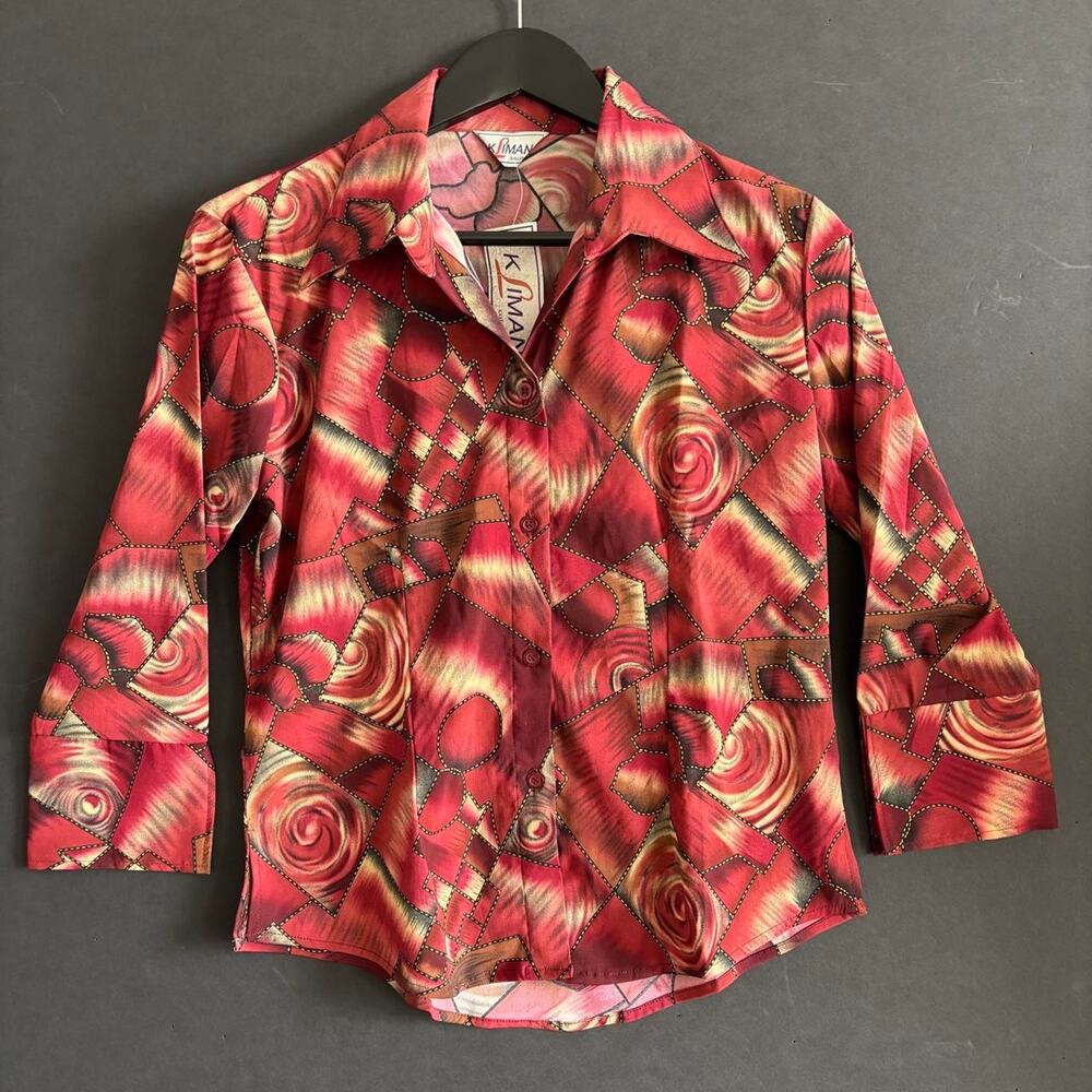 Kliman Collection Red Gold Abstract Rose Print Button Up Blouse NWT - size M